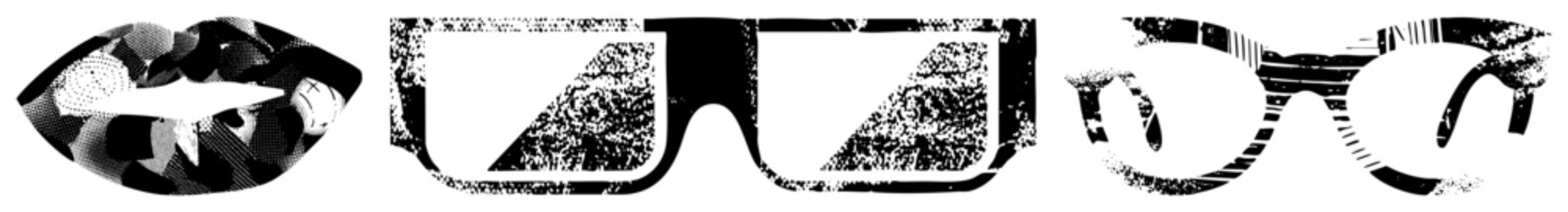 This gritty collection features stylized puckered lips and a pair of shades. These rocker smacks and sunnies showcase a heavy halftone texture with a distressed stencil aesthetic.