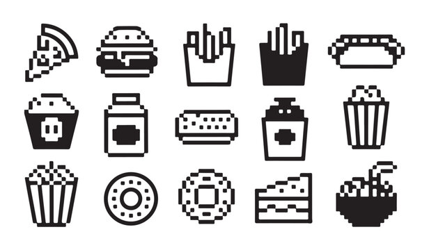 Snack bar pixel art icons collection with popcorn fries donuts pizza and burger vector set.