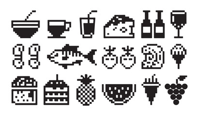 Naklejka premium Restaurant and grocery food pixel art icons with various ingredients and cooked meal items.