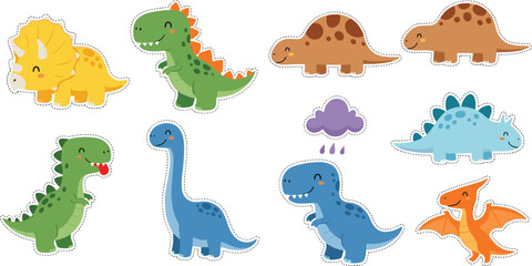 Cute Cartoon Dinosaur Sticker Collection with Colorful Baby Dino Characters for Kids Education and Nursery Design © MstAkhi