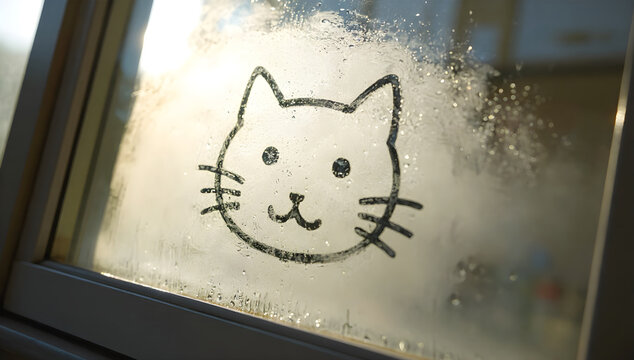 結露した窓ガラスに描かれたねこの顔