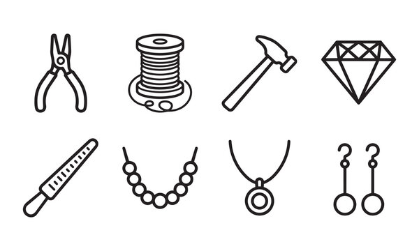 A collection of simple line icons showing various tools and items used for crafting jewelry