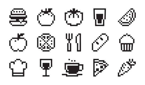 Pixel art food and kitchen icons set for restaurant menu design featuring meal elements.