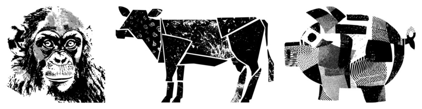 This artistic set features a gritty chimpanzee face alongside a geometric cow and a stylized pig. These wild ape and sketches use heavy halftone textures for a bold look.