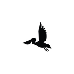 Naklejka premium Black Pelican silhouette rendered in a clean minimalist vector style, isolated on a white background. Simple graphic shape suitable for logos, icons, branding, prints, and design templates.