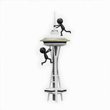 Black figures climbing a tall observation tower