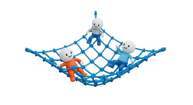 Figures resting on a blue rope safety net