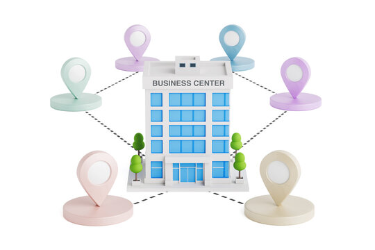 Business Location Network And Corporate Navigation. Business Center Building Connected To Colorful Map Pins With Dashed Routes. 3D Rendering