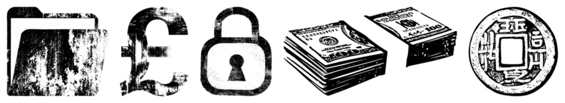 Distressed collection featuring a heavy padlock, stacks of cash, and a pound sign. This gritty set includes a money pile, various bank notes, and a secure vault lock in a rough stencil style.