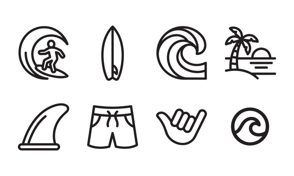 Summer beach and surfing activity icons illustrating waves, boards, apparel, and island views