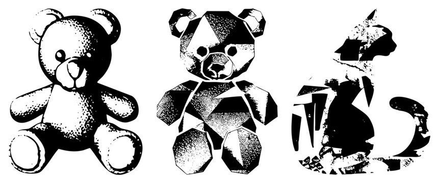 Trio of textured silhouettes featuring a classic teddy bear, a geometric cub, and a stylized. These raggedy plushies and a scrappy kitty display high contrast halftone.