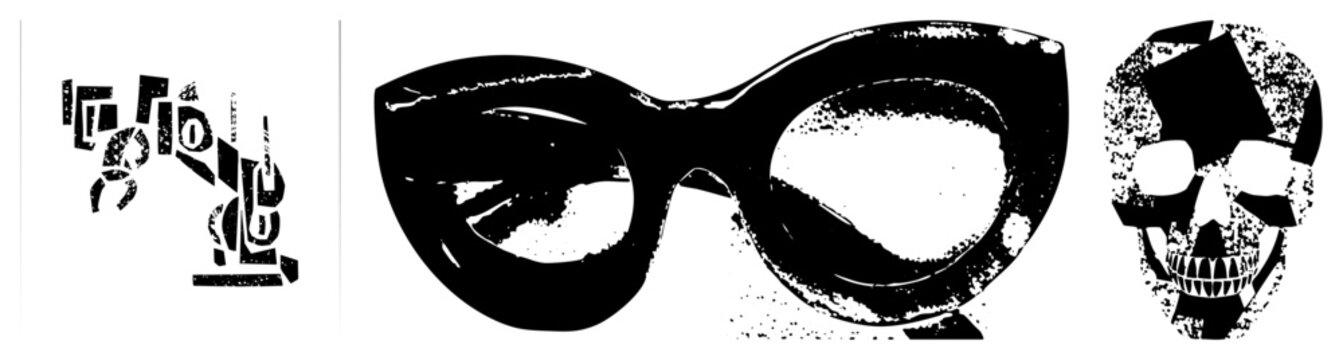 This gritty collection features distorted lettering, retro sunnies, and a skeletal death mask. These punk inspired elements include jagged type, dark shades, and a bony skull for high impact design.