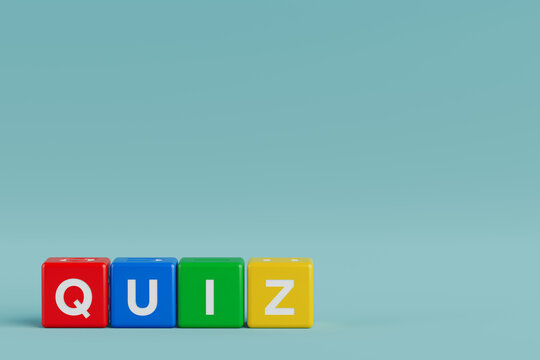 Quiz Learning And Education Game Concept. Colorful Letter Cubes Spelling Quiz On Blue Background With Large Copy Space For School, Test And Trivia Design. 3d Rendering
