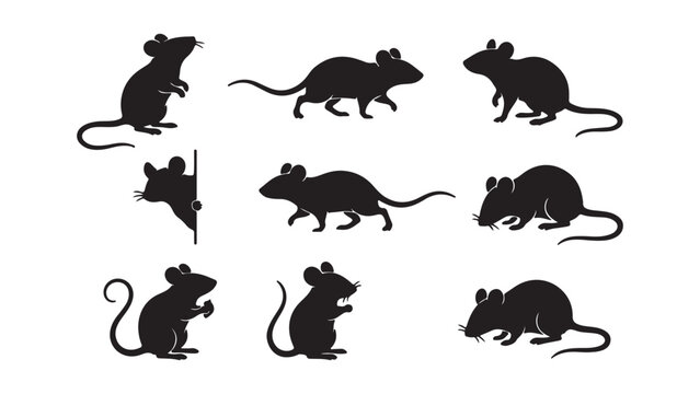 Nine black silhouette mice in various playful and standing poses