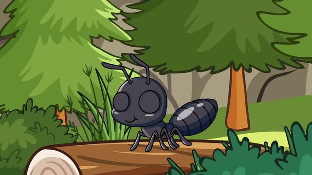 Cartoon Black Ant Standing on a Log in a Forest Clearing