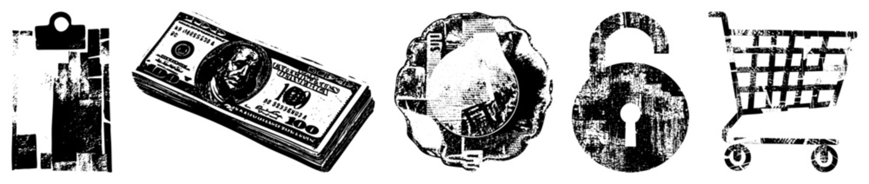 Distressed collection of assets featuring a stack of greenbacks, a shopping cart, and a padlock. This textured set includes a clipboard, a bankroll, and a security lock for mixed.