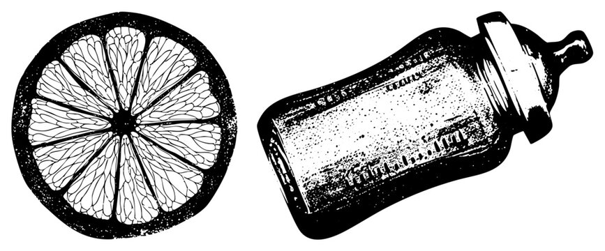 Textured citrus wheel alongside a small baby bottle, featuring a gritty ink wash style. This rustic lemon wedge and infant teat container show heavy halftone textures and distressed edges.