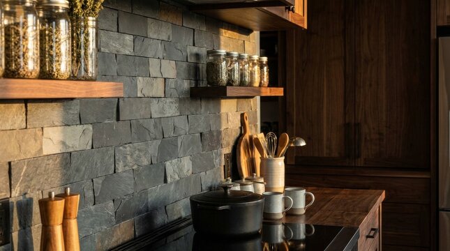 Rustic slate tile kitchen splashback with matte finish, showcasing natural texture and warm lighting with cookware and spices displayed on shelves.