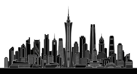 Obraz premium Guangzhou City Skyline Silhouette, Minimalist Urban Landmark Illustration