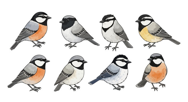 Watercolor illustration of eight different species of small tit birds, showcasing their diverse plumage and colors.