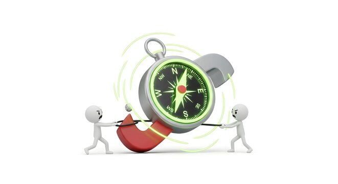Tiny figures in a tug of war over a large green compass