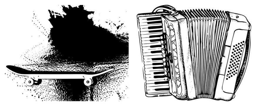 Detailed ink sketches featuring a classic squeeze box and a street deck. This duo of a musical bellows and a kicktail board captures a raw, etched aesthetic for creative projects.