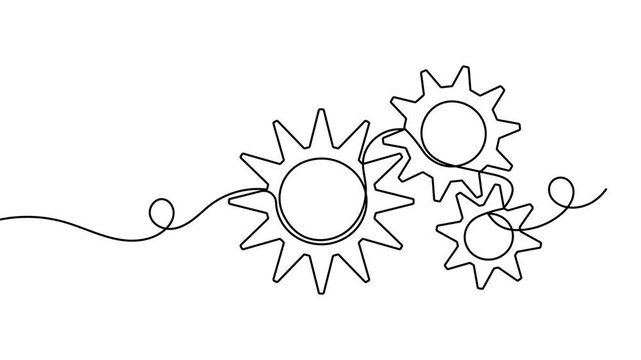 Gears icon sign continuous one line single art drawing on white background minimalist three moving cog gear wheel for engineering and technology symbol 4k animation video
