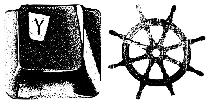 Weathered maritime helm and a mechanical typewriter key featuring the letter Y. This gritty nautical wheel and old school keystroke set capture a rustic, analog aesthetic.