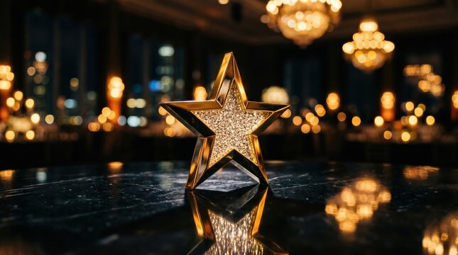 Golden star award trophy on dark marble table in luxury ballroom for excellence and recognition gala