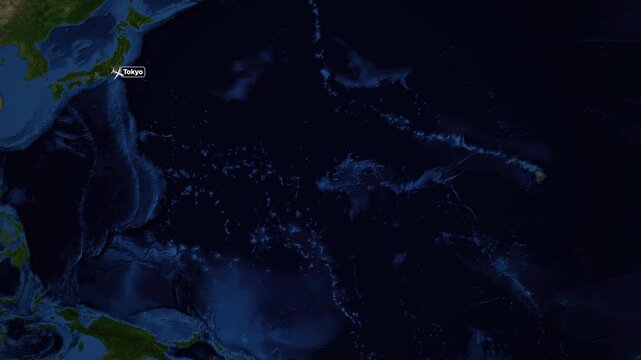 Animated Flight Route Map from Tokyo Japan to Honolulu Hawaii