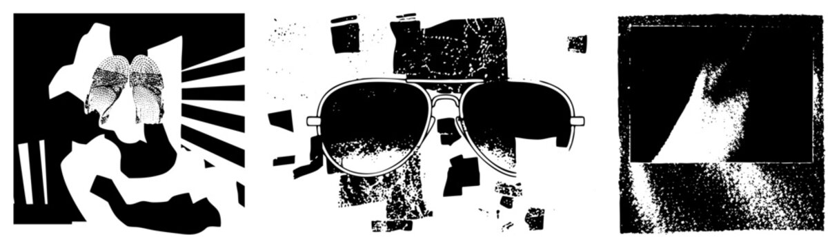 Raw collage featuring cool shades, a vintage instant, and beachy flip flops. This edgy assemblage uses halftone textures and stencil effects to create a high contrast street style.