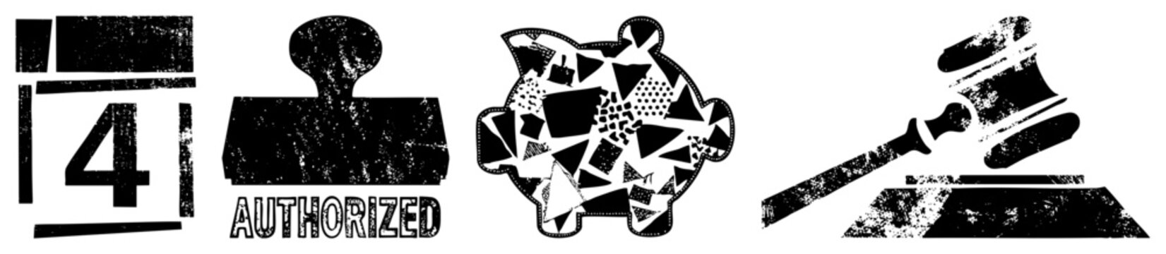 Collection of gritty black ink textures featuring a bold number four, a heavy judicial mallet, and an abstract collage shape. This set of seals and legal tools uses a worn stencil style.