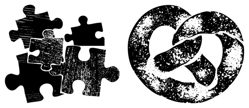 Distressed collection of jigsaw pieces and a large pretzel, featuring a weathered look. This snack treat and puzzle fragments show a heavy textured stipple effect the black shapes.