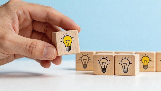 Hand holding wooden block with light bulb icon representing creative idea, innovation, inspiration and problem solving solution in business or education.