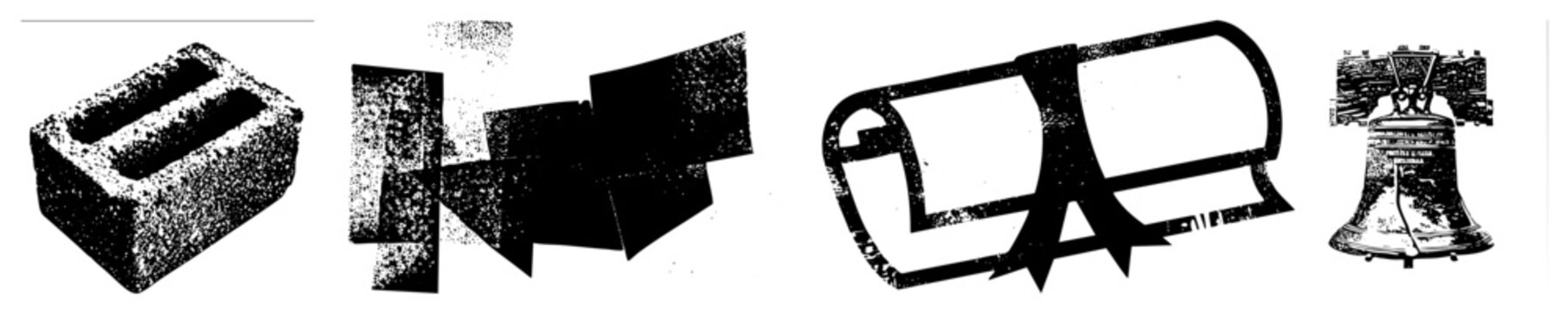 Collection of rough textures featuring a heavy cinder block, abstract geometric, a stylized banner, and a historic liberty bell. These grungy elements include a masonry unit and a rin