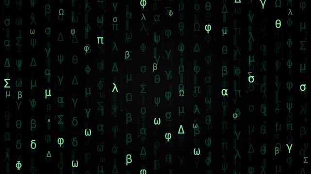 Digital Green Greek Letter Matrix Rain Falling on Black Background