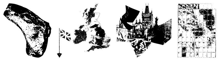 Naklejka premium Gritty montage combining a weathered bone fragment, a textured British Isles map, and a fragmented urban. This artistic assemblage uses heavy grain and high contrast textures.