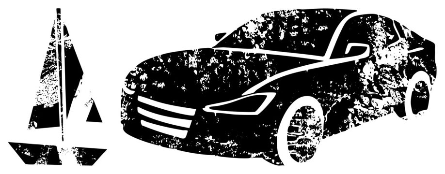 This gritty stencil features a sleek coupe and a small sailing vessel. These rough textured motor and wind jammer graphics use a heavy halftone effect for a worn, vintage aesthetic.