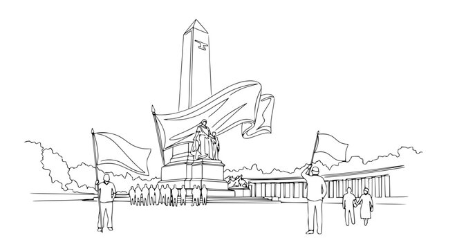 Celebration with Flags and Monument - Hand-drawn Sketch