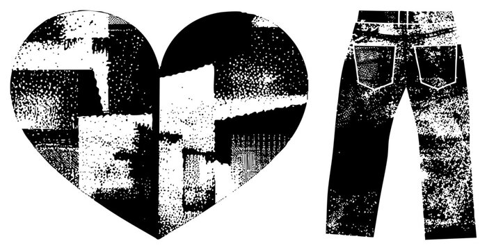 Distressed denim trousers and a patchwork love symbol featuring a gritty halftone texture. This punk rock aesthetic combines baggy blues and a textured heart for a rebellious look.