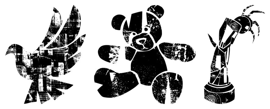 This collection showcases a weathered, a cuddly teddy bear, and a mechanical grabber in a gritty stencil style. These punk inspired feature heavy texture and high contrast.