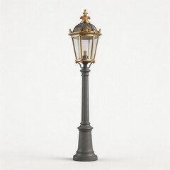 Fototapeta premium This is a vintage ornate outdoor street lamp post with a dark gray metal pillar and gold decorative accents, featuring a glass enclosed light fixture.