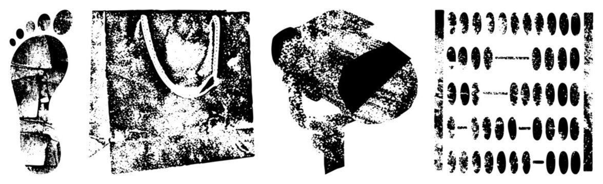 Gritty collection featuring a heavy footprint, a rough shopping bag, and weathered stencil shapes. These urban street art elements, including a grimey sack and a tread mark, offer a raw aesthetic.