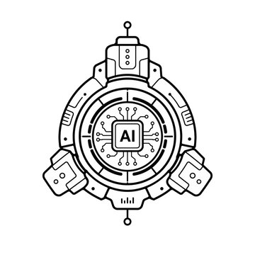 Stylized linear illustration of an advanced artificial intelligence processor at the core of a futuristic digital mechanism, representing innovation and machine learning technology