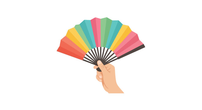 Colorful hand fan held by human hand illustration.