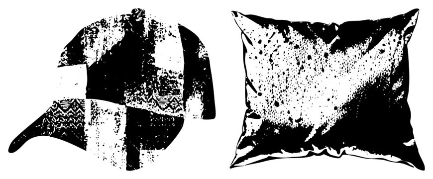 This gritty duo features a worn baseball cap, or ball cap, alongside a soft cushion, often called a scatter pillow, both rendered with heavy halftone textures and a rough aesthetic.