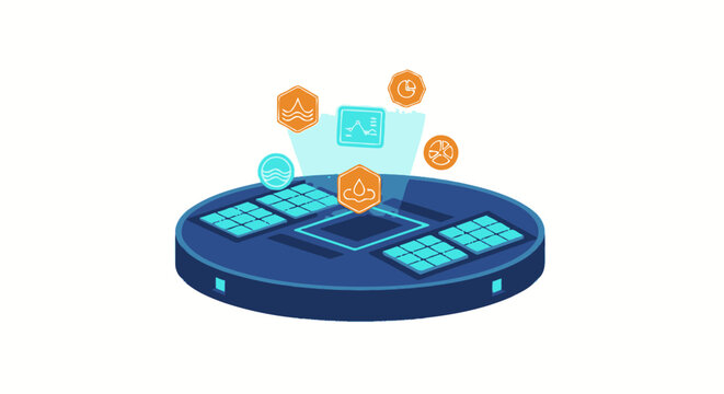 Modern digital data storage with floating colorful icons.