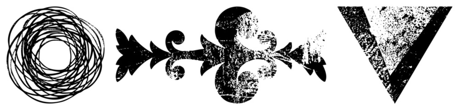 Collection of gritty textures featuring a messy scribble, a vintage fleur de lis scroll, and a sharp inverted triangle. This set of ink blots and stencil marks offers a raw, street style aesthetic.