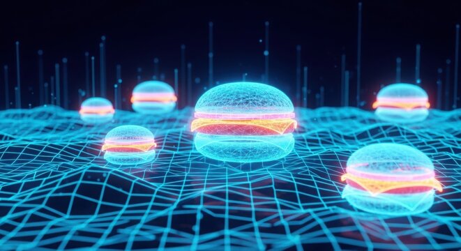 A futuristic scene with glowing orbs and a grid illustration