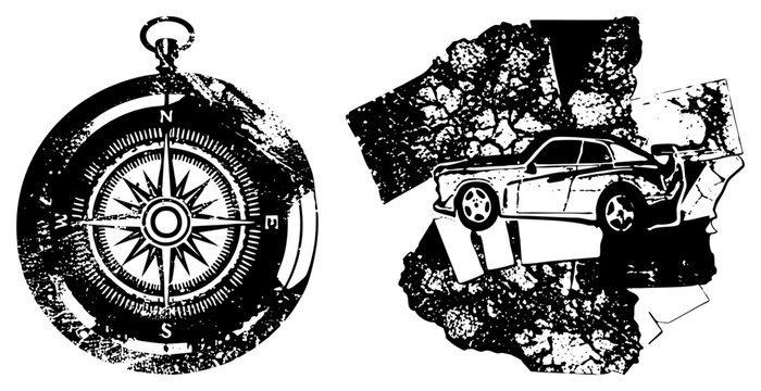 This gritty duo features a weathered nautical mariners dial alongside a retro speedster. These rough stencil elements showcase a high contrast aesthetic perfect for street style designs.